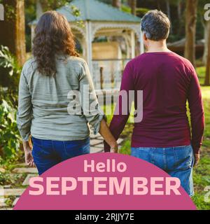 Komposition aus Hello september Text über kaukasisches Paar im Garten Stockfoto