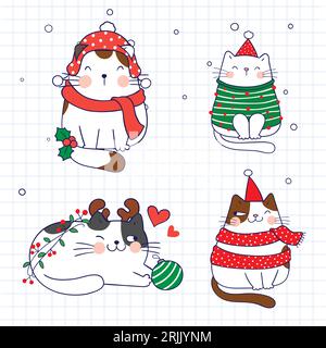 Handgezeichnete Vektor-abstrakte frohe Weihnachtszeit-Karikaturillustration mit niedlichen Katzenfiguren auf Notebook-Seitenhintergrund Stock Vektor