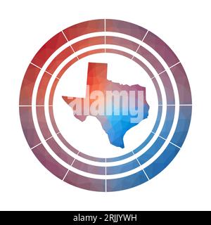 Texas Emblem. Helles Farbverlauf-Logo des US-Bundesstaates in flachem Poly-Stil. Buntes, abgerundetes texanisches Schild mit Karte im geometrischen Stil für Infografiken. Stock Vektor