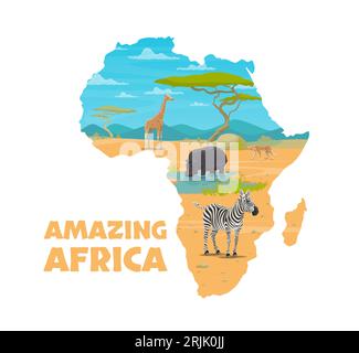 Karikatur afrikanische Tiere auf Karte von Afrika für Reiseplakat, Vektor Savanna Hintergrund. Afrikanische Giraffe, Zebra und Hippopotamus mit Gepard jaguar in Stock Vektor