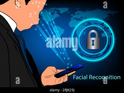 Geschäftsleute, die ein Mobiltelefon mit einem Gesichtserkennungskonzept halten, Vektorillustration Stock Vektor