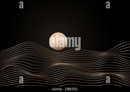 Minimalistische Landschaft goldene lineare Berge Sonnenuntergang Sonnenaufgang. Goldener Sand Berge auf dunklem Hintergrund, Vektor Luxus Design für Tapete, Poster Stock Vektor