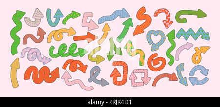 Naive verspielte Pfeilzeiger mit Vektorstruktur im trendigen Retro-Stil. Y2K-Ästhetik. Dynamische Pfeilzeichen für die Konstruktion. Stock Vektor