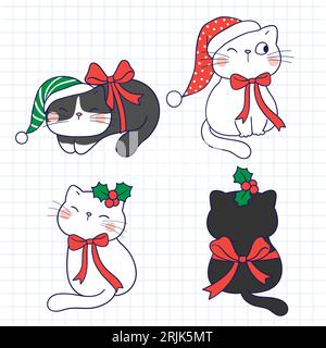 Handgezeichnete Vektor-abstrakte frohe Weihnachtszeit-Karikaturillustration mit niedlichen Katzenfiguren auf Notebook-Seitenhintergrund Stock Vektor