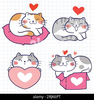 Cute cats in love. Hand drawn vector illustration on notebook page. Stock Vektor
