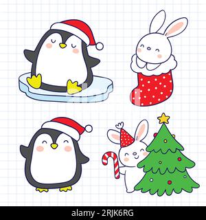 Cute penguin, bunny and Christmas tree. Vector illustration. Stock Vektor