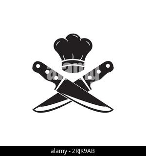 Logo des Küchenchefs mit Hut und Messern. Vintage-Logo von Cooking. Logo für Vorlage „Kochkurse“. Etikett, Abzeichen für Lebensmittelstudio, Kochkurse, culina Stock Vektor