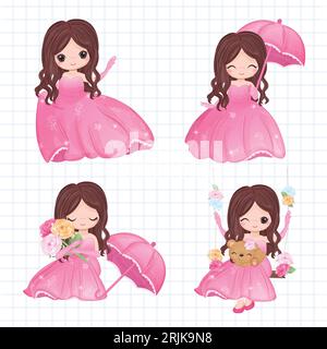 Niedliches Cartoon-Mädchen mit verschiedenen Gesichtsausdrücken. Vektorillustration. Stock Vektor