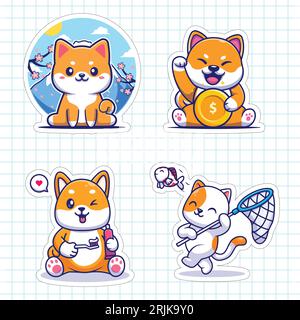 Set mit süßen Karikaturblumen. Vektorillustration auf einer Notizbuchseite. Stock Vektor