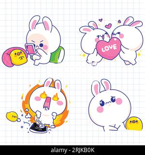 Ein Set süßer Hasen mit unterschiedlichen Emotionen. Vektorillustration. Stock Vektor