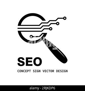 SEO – Suchmaschinenoptimierung – Illustration des Konzepts der Vektor-Logo-Vorlage. Abstraktes, kreatives Zeichen für elektronische Technologie. Lupenzeichen. Objektivsymbol. Stock Vektor