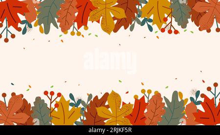 Herbst saisonaler Hintergrund mit Rand aus gefallenen herbstlichen goldenen, roten und orangen Blättern und Platz für Text. Vektorillustration Stock Vektor