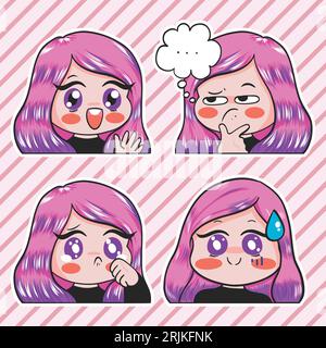 Niedliches Cartoon-Mädchen mit verschiedenen Gesichtsausdrücken. Vektorillustration. Stock Vektor