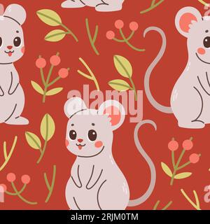 Fallmuster mit der Maus. Nahtloses Waldmuster mit Blättern und süßem Waldtier auf rotem Hintergrund Stock Vektor