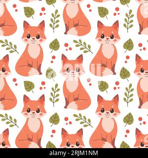Herbstmuster mit Fuchs. Nahtloses Waldmuster mit Blättern und süßem Waldtier auf weißem Hintergrund Stock Vektor