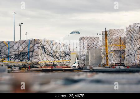 Vorbereitung des Frachtflugzeugs vor dem Flug. Verladung von Frachtcontainern zum Flugzeug am Flughafen. Stockfoto