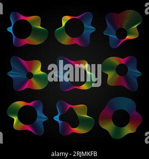 Voice Music Waves Equalizer Set, abstrakte, wellenförmige Regenbogenfunkwellen-Symbole im Dunkeln. Vektortonsymbole Stock Vektor