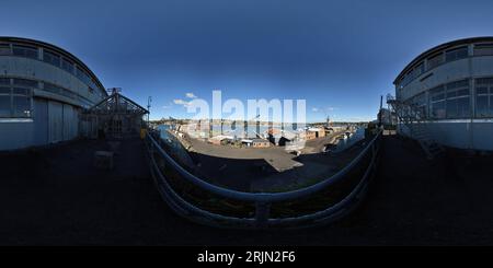 360 Grad Panorama Ansicht von 360° Panorama, Stufen zum Docks Precinct, Fitzroy und Sutherland Docks von oben, am Rand des Ship Building Precinct auf Cockatoo Island