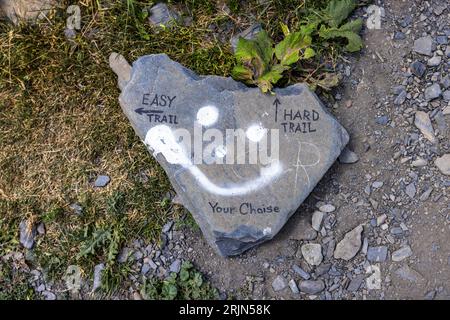 Ein bemalter Schieferstein mit einem weißen Smiley dient als Wegweiser auf einem Wanderweg nahe der Gergeti-Tricolore-Kirche oberhalb von Stepantsminda (georgisch სტეფანწმინდა, wörtliche Übersetzung des georgischen Namens: Heiliger Stephan), Region Mtskheta-Mtianeti, Georgien. Er zeigt „Leichter Weg“ mit einem nach links weisenden Pfeil, „Schwerer Weg“ mit einem nach oben weisenden Pfeil und „Ihre Wahl“, eine Rechtschreibfehler-Version von „Wahl“. Der Stein liegt zwischen Gras und Kies am Wegesrand. Die Kirche stammt aus dem 14. Jahrhundert und steht auf 2.170 Metern unter dem Berg Kazbek. Die Stadt liegt auf etwa 1.740 Metern am Terek-Fluss (Georgi Stockfoto