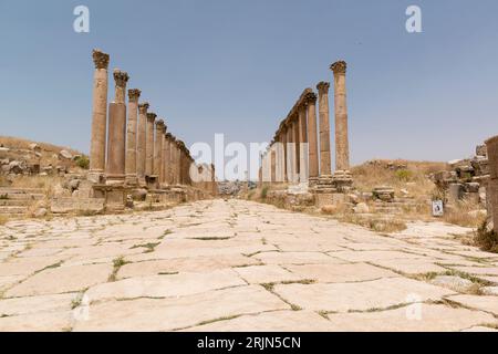 Der cardo maximus, die Haupt- oder zentrale Nord-Süd-orientierte Straße in der antiken griechisch-römischen Stadt Gerasa im heutigen Jerash, Nordjordanland. Stockfoto