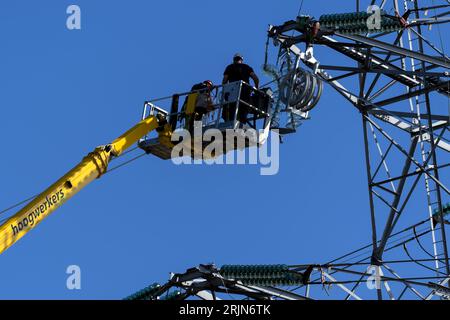 LELYSTAD - Arbeiten an den Kabeln der Hochspannungsmasten in Flevoland nach dem großen Stromausfall. Früher brach in der Hochspannungs-Unterstation Lelystad nach einem durch menschliches Versagen verursachten Kurzschluss ein Brand aus. Dies führte zu einem Stromausfall, der einen großen Teil der Provinz betraf. ANP SANDER KONING niederlande aus - belgien aus Stockfoto