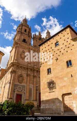 Salamanca, Spain , 04.10.21.  Casa de las Conchas and La Clerecía church buildings in Salamanca, Spain, low angle view. Stock Photo