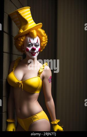 Ein männlicher Erwachsener, der ein Clownschminke und ein farbenfrohes Kostüm trägt, in einer Außenumgebung steht und für ein Porträt posiert Stockfoto
