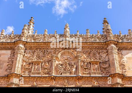 Universität von Salamanca, Vorderseite aus Stein Platereske Fassade des Gebäudes Escuelas Mayores mit dekorativen Reliefs und Figuren. Stockfoto