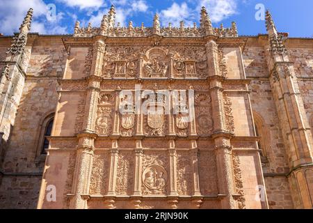 Universität von Salamanca, Vorderseite aus Stein Platereske Fassade des Gebäudes Escuelas Mayores mit dekorativen Reliefs und Figuren. Stockfoto