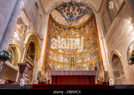 Salamanca, Spanien, 06.10.21. Das Altarbild der Alten Kathedrale (Catedral Vieja) in Salamanca mit Tischen und Ikonen, die das Leben Jesu zeigen, reich Stockfoto