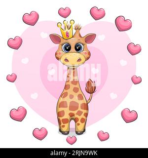 Eine süße Cartoon-Giraffe mit Krone steht in einem Rahmen aus Herzen. Vektorillustration eines Tieres auf rosafarbenem Hintergrund. Stock Vektor