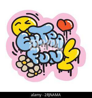 Blauer Graffiti-Slogan Extra lustig mit Cartoon Heart, Lightning, Daisies, Smile. Farbenfrohe Beschriftung im urbanen Stil. Vektorillustration. Hippie-Aufkleber für T-Shirts, Wallpaper, Handyhülle. Stock Vektor