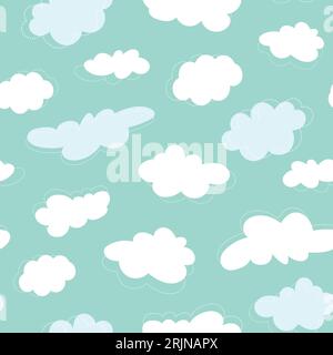 Nahtloses Muster für Cartoon Clouds. Süße Wolken mit gepunktetem Umriss auf blauem Hintergrund. Kinderzimmer-Wandkunst für Jungen und Mädchen. Vektorillustration Stock Vektor