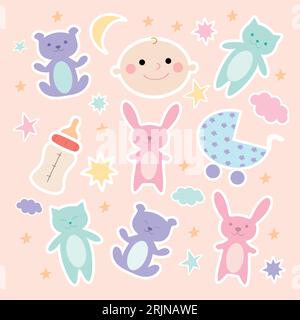 Baby-Aufkleber-Pack. Süße Teddybären, Häschen, Katzen, Kinderwagen, Flasche, Wolken und Sternenaufkleber. Vektorkunst Stock Vektor