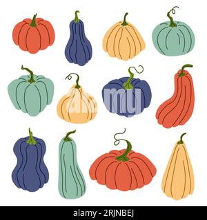 Handgezeichnete Kürbiskollektion im Doodle-Stil. Herbst-, Herbst-, Danksagungs- und halloween-Deko. Süßes Kürbisset. Vektorillustration Stock Vektor