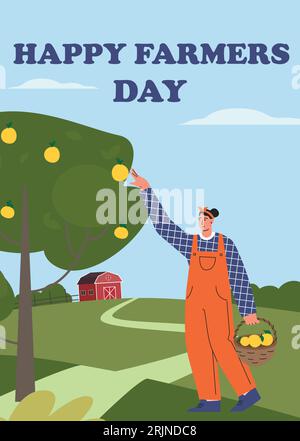 Poster Happy Farmers Day Vorlage. Landwirt am Arbeitsplatz, landwirtschaftliche Arbeiter, die Pflanzen ernten. Leben auf dem Bauernhof, wunderschöne Landschaft. Flache Vektorillustration. Stock Vektor