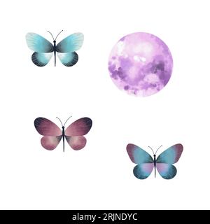 Watercolor blue and purple butterflies and moon. Illustration for halloween and esoteric isolated on white background. Design element for greeting car Stock Photo