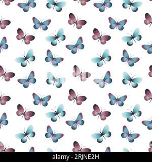 Blue and purple watercolor butterflies. Seamless pattern isolated on white background. Design element for wrapping paper, textiles, clothes, covers, p Stockfoto