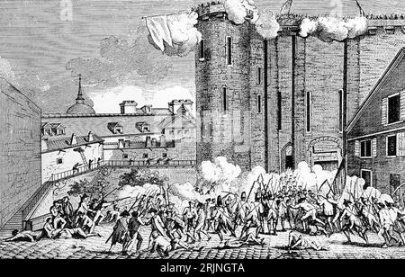 STURM AUF DIE BASTILLE in Paris am 14. Juli 1789 in einem zeitgenössischen Kupferstich Stockfoto