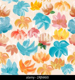 Seamless pattern of abstract multicolor flowers, original hand drawn, impressionism style, color texture, brush strokes of paint, art background.  Mod Stock Photo