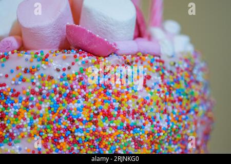 Ein rosafarbener Geburtstagskuchen, dekoriert mit rosa und weißen Marshmallows und Süßigkeiten und bedeckt mit bunten kleinen Streuseln an den Seiten. Stockfoto