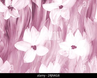 Abstrakte rosafarbene Schwarzweißblumen, handgezeichnet, impressionistischer Stil, Farbstruktur, Pinselstriche von Farbe, Kunsthintergrund. Moderne Kunst. Kont Stockfoto