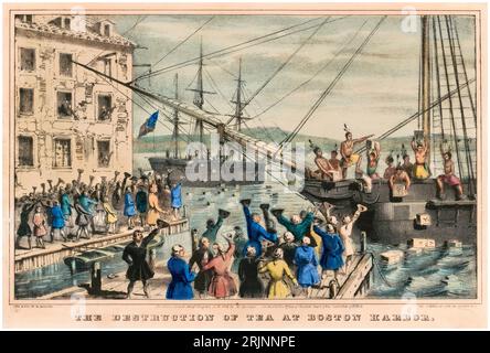 The Destruction of Tea at Boston Harbor, handkolorierter Gravur, der den politischen Protest der Boston Tea Party von 1773 gegen die Besteuerung durch Nathaniel Currier darstellt, 1846 Stockfoto