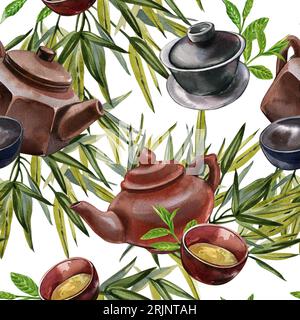 Nahtloses Muster asiatische Teekanne Keramik, Schüssel, Tee, Bambus isoliert auf weißem Hintergrund. Aquarell-Handzeichnung. Art asian Traditional des Stockfoto