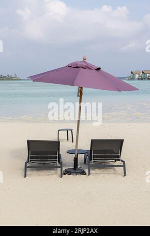 Eine ruhige Strandszene mit zwei bequemen Liegestühlen unter einem großen, tiefvioletten Sonnenschirm Stockfoto