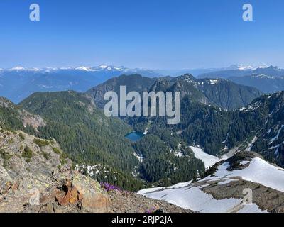 Dramatische Landschaft mit schneebedeckten Bergen, einem See und üppigem Grün mit Bäumen, Felsen und Büschen Stockfoto