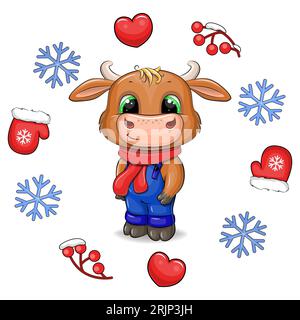Cute cartoon bull with a red scarf in a winter frame. Christmas vector illustration of an animal with hearts, mittens, berries, snowflakes. Stock Vektor