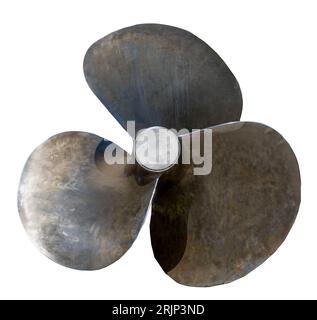 Ship screw. Metal blade isolated on white background. Three blades silver propeller cutout close-up. Fan boat. Stock Photo