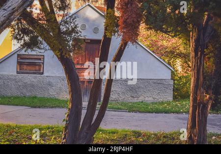 Building on the road next to the forest, Prague, Czech Republic Stock Photo