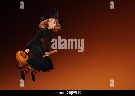 Cartoon-Halloween-Hexe, die auf einem Besen auf gelbem Hintergrund fliegt. 3D-Rendern Stockfoto